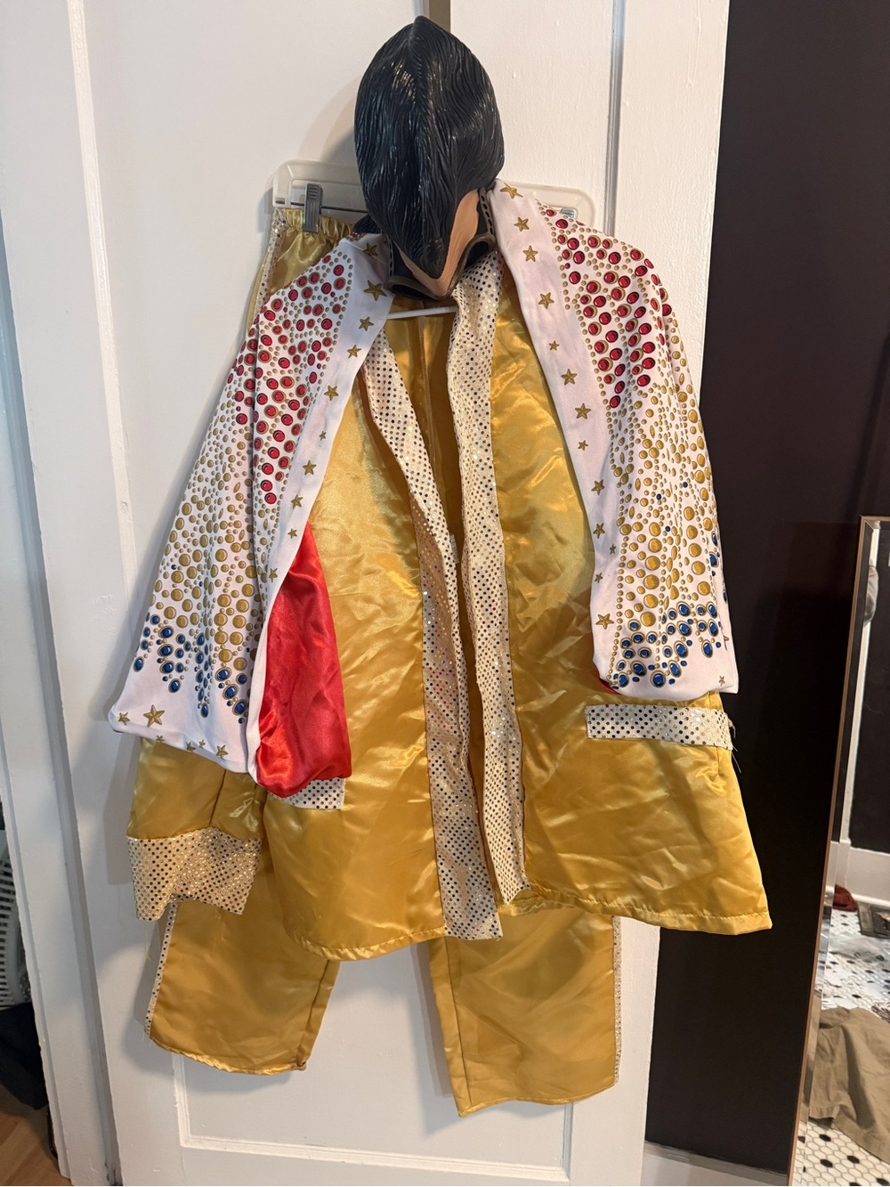 Elvis! Gold and White Embellished Men’s Costume with a Cape with Jewel Accents.